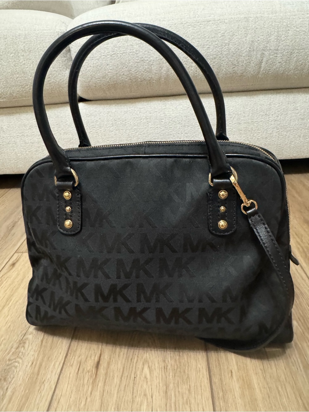 Michael Kors Black MK Logo Satchel with Gold Hardware